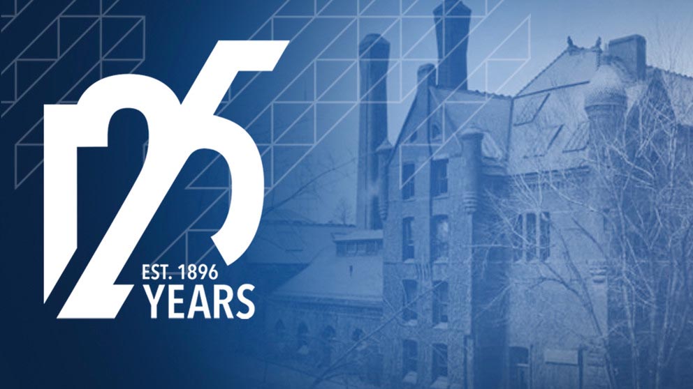 photo of original engineering building in the background of a blue translucent overlay with the College of Engineering 125th Anniversary logo.