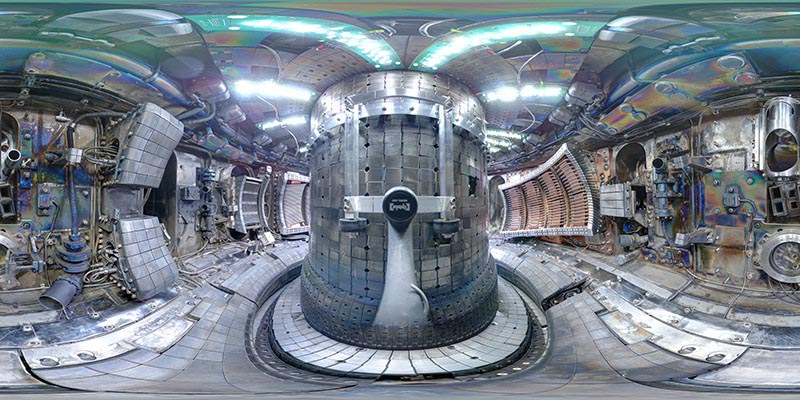 The metallic donut-shaped interior of a nuclear fusion reactor