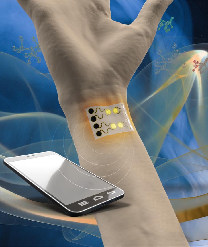 artist rendering of hand and arm showing sensor applied to inner wrist with moble phone beside it
