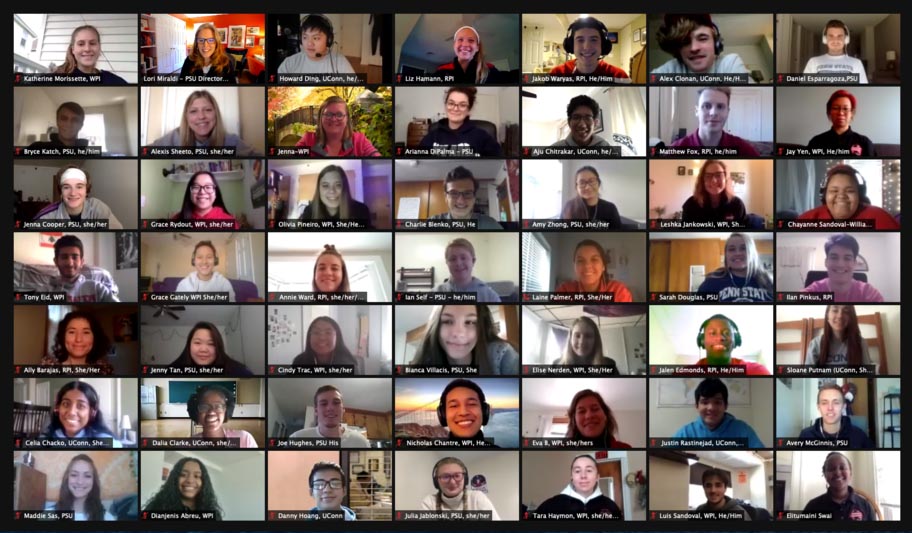 screenshot of computer screen hosting a video call with student participants