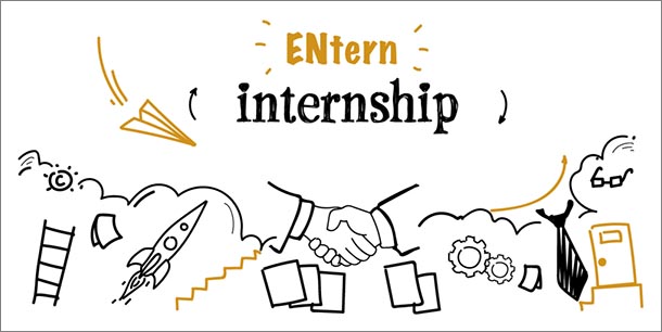 Illustration of the words ENtern internship above two shaking hands surrounded by entrepreneurship items like glasses, gears, a rocket, papers and a ladder.