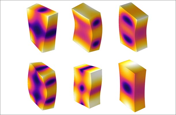 illustration of six 3-D cube shapes, simulating natural vibrations of additively manufactured parts