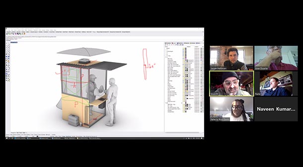 A split screen image of a CAD drawing of the booth on the left and the Zoom screen of collaborators on the right.