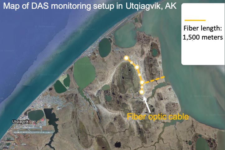 satellite imagery of Utqiagvik Alaska with a label for the fiber-optic cable