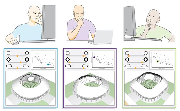 An illustration of a designer pondering a computer design of a stadium.