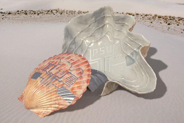 An illustration of seashells with electronic circuits printed on their surfaces.