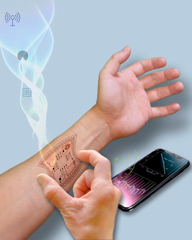  a human arm with an image of a stretchable sensor placed on the wrist, the sensor is sending signals to a cell phone placed to the right of the arm