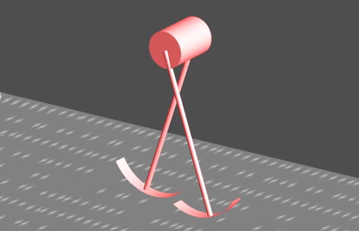 A computer-generated image of a walking model consisting of two legs attached to a hip.