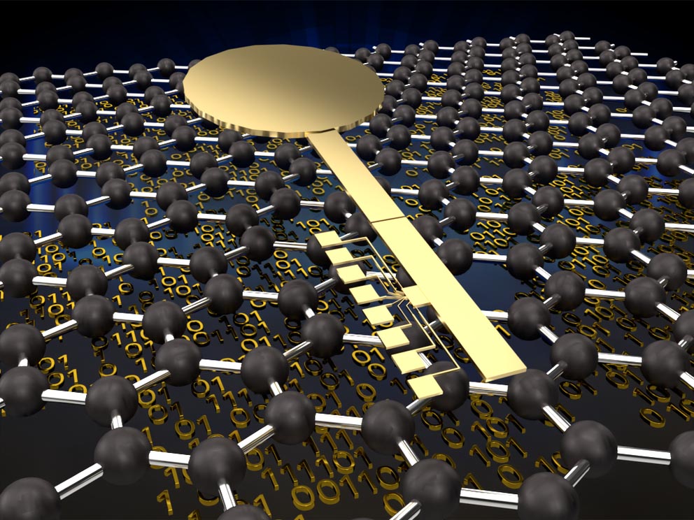 illustration of an electronic key atop an array of graphene atoms