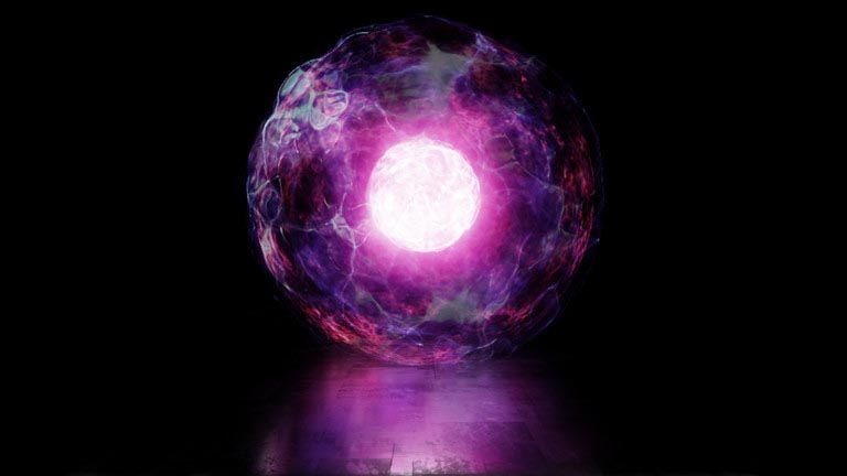 illustration of a purple sphere with a bright white core on a black background