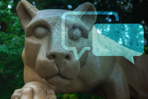 Nittany lion statue with the image of two text boxes superimposed over its face