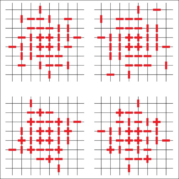 series of for grids with different yellow plot marks and lines on them in specific formations