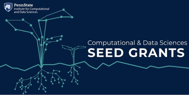 abstract graphic of plants sprouting from roots with the words "Computational & Data Sciences Seed Grants" written in white lettering