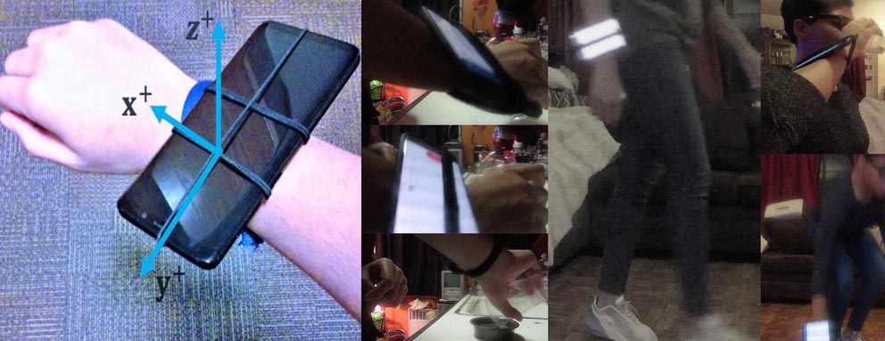 A smartphone is strapped to a person's wrist to measure movement.