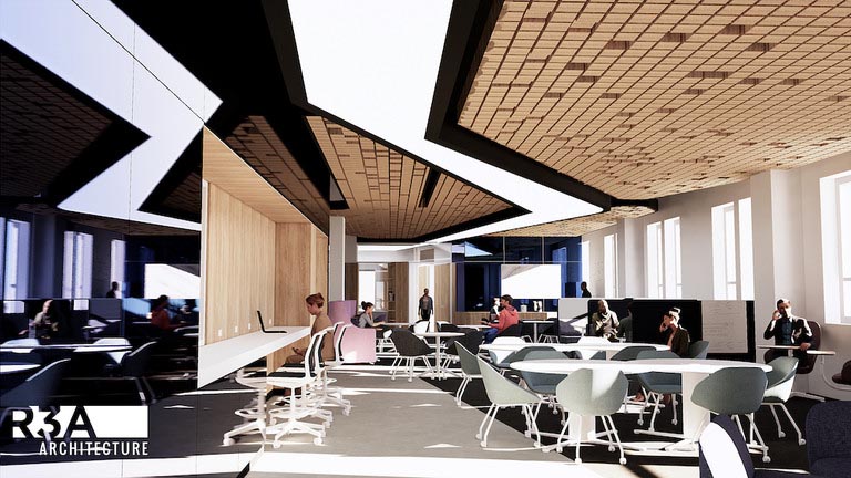 architectural rendering of a meeting and study space with several tables, a tech bar, whiteboards and more