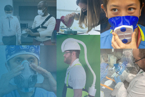 A collage of images of researchers surveying, testing, building and modeling filtration masks, disposable stethoscopes and other personal protective equipment.