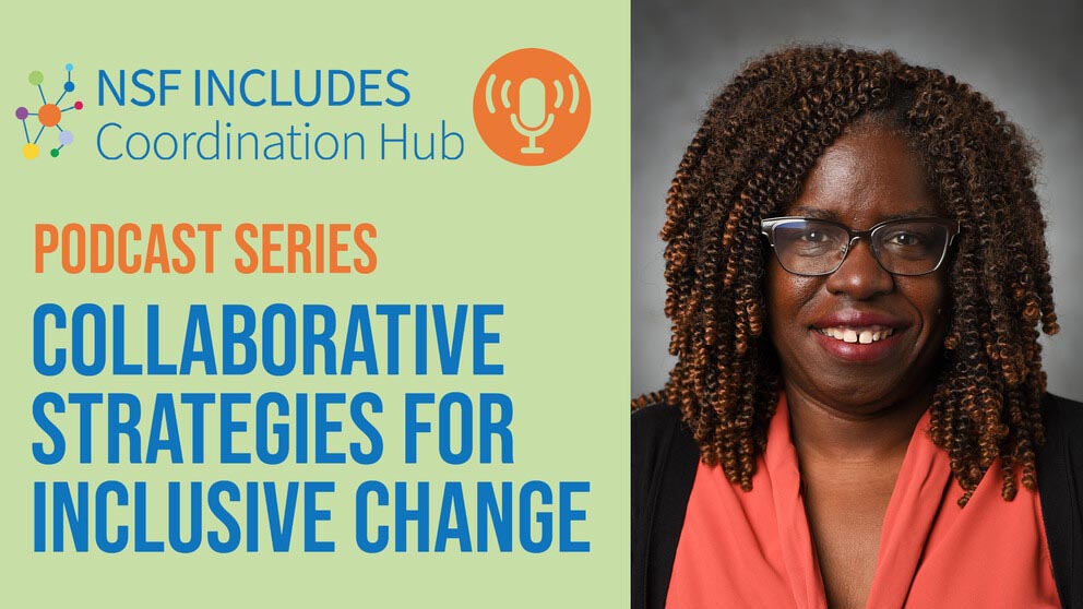 A green and blue podcast logo with the words NSF INCLUDES Coordination Hub Podcast Series Collaborative Strategies for Inclusive Change is next to a portrait of a woman smiling at the camera