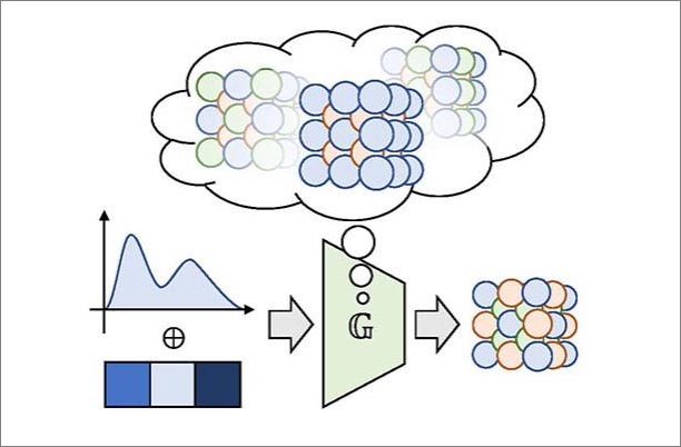 diagram depicting a generative adversarial network creating new alloy compositions