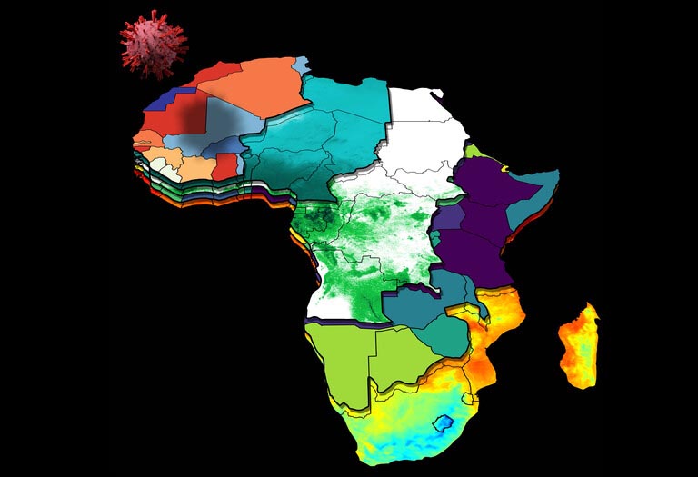 Layers of various colors and textures stack into a representation of Africa. A SARS-CoV-2 viral particle casts a shadow on the continent.