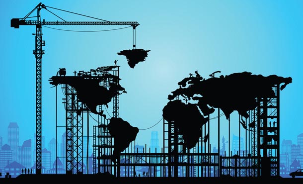 illustration of a world map being constructed as a black silhouette on a blue background