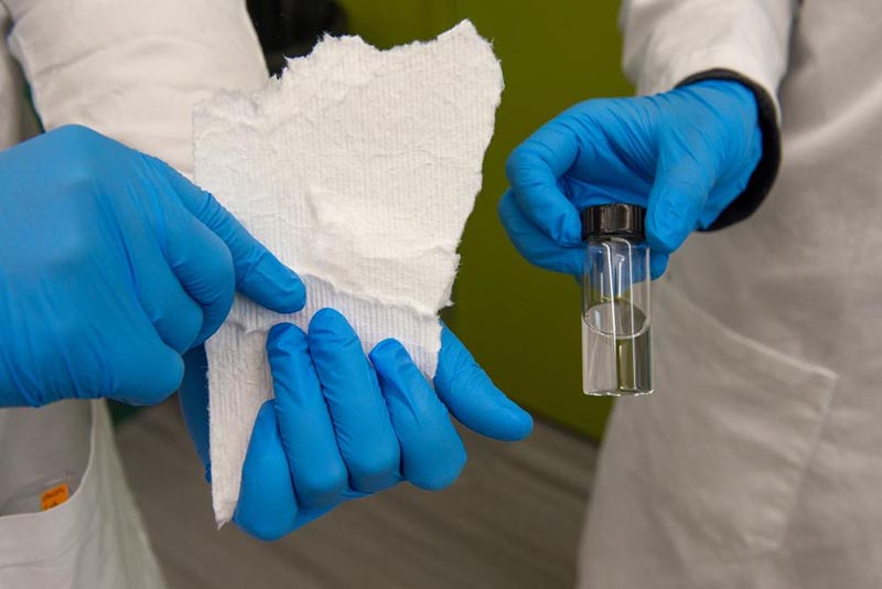 close-up of gloved hand holding paper towel and a small vial of liquid