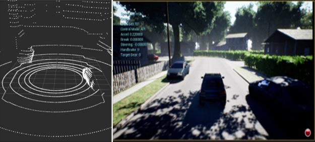 A virtual driving environment with a car on a residential street with black and white spatial graphics on the side.