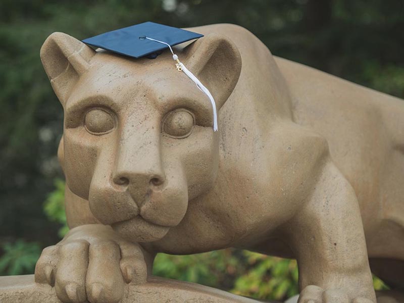 lion shrine wearing a graduation cap