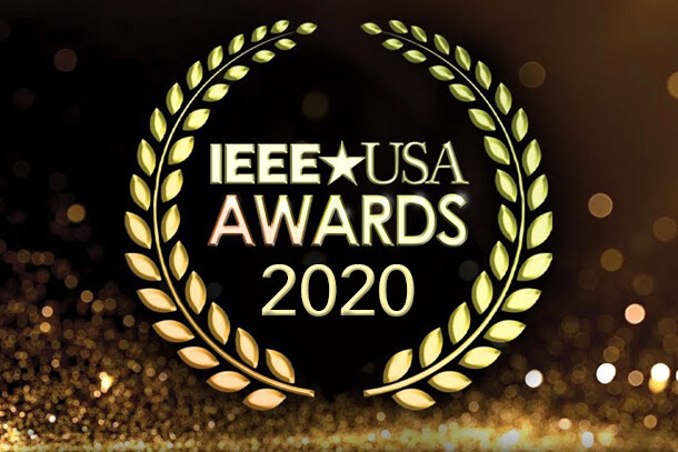 The words I E E E U S A Awards 2020 are encircled by a depiction of a gold laurel wreath against a background of gold glitter