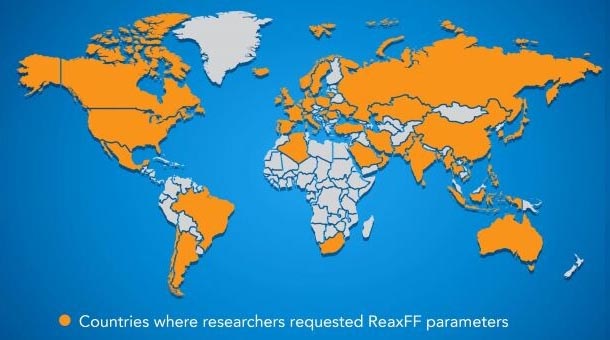 world map highlighted in orange to distingquish countries where researchers requested ReaxFF parameters