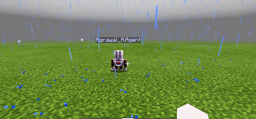 A Minecraft avatar explores an open green field on a rainy day.