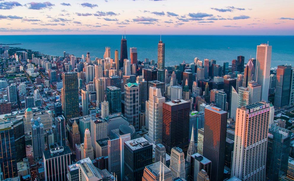 aerial view of skyscrapers in Chicago with Lake Michigan in the background