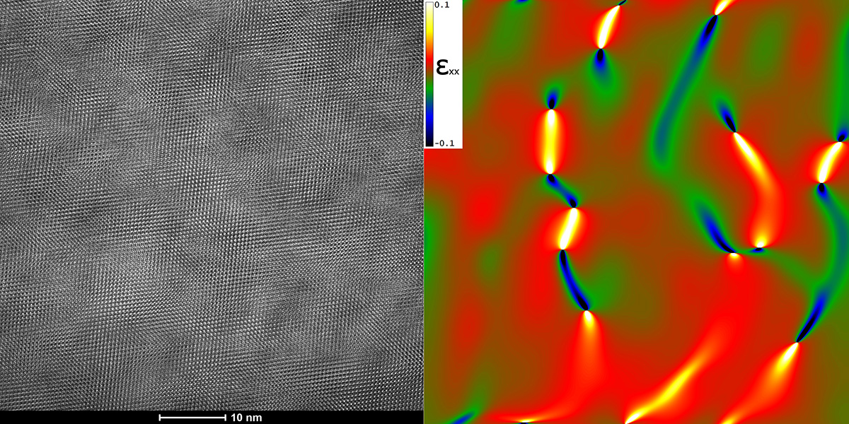 (Left) High resolution transmission electron microscopy image of Ga2O3 Schottky Diode during electrical biasing. (Right) Evolution of strain and dislocation defects in the device during biasing calculated from HRTEM image
