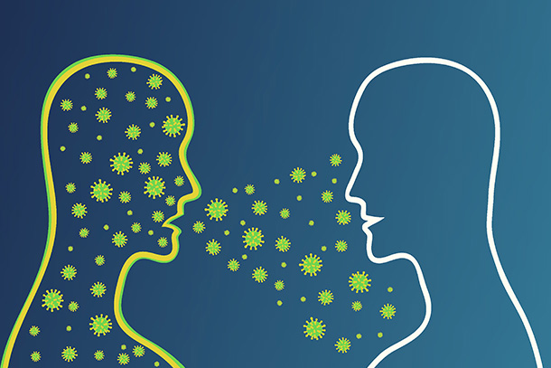 Influenza virus or coronavirus spreading between people. Concept of direct transmission, airborne, to eye to nose to mouth, with personal contact. Vector illustration.