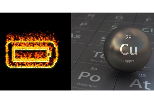 A side-by-side of a battery icon on fire and a black sphere with "Cu: Copper" written on it.