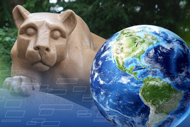 The Nittany Lion statue next to the globe with a blue foreground. 