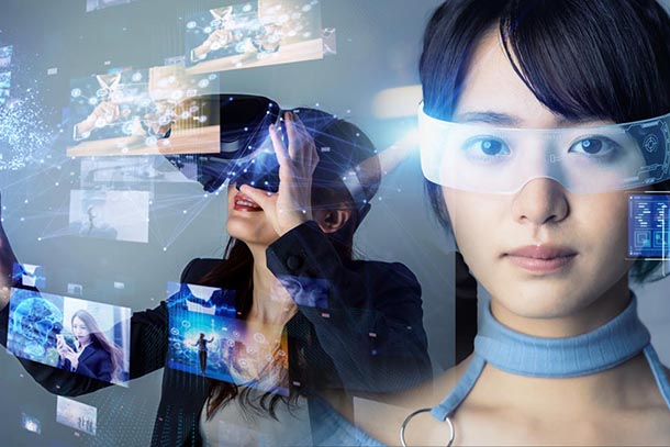 A composite image that primarily shows one person using a virtual reality headset and one person wearing glasses that exemplify wearable technology. 