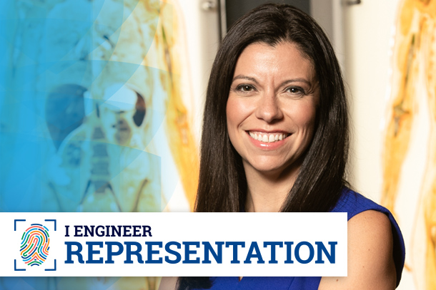 Paula Garcia Todd poses for photo in graphic that says "I Engineer Representation"