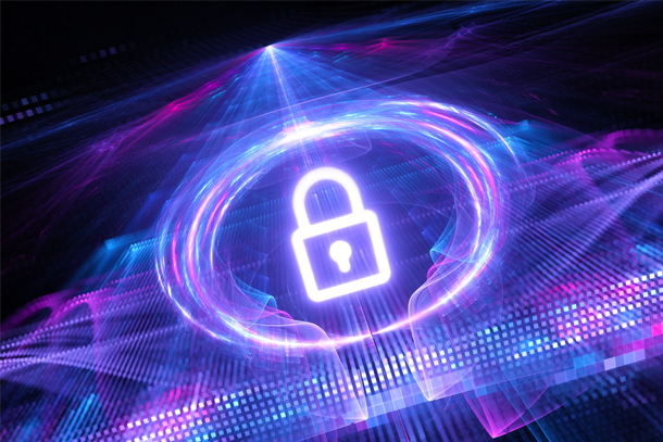 Illustration showing lock icon superimposed over blue and purple neon lines representing electricity and computation