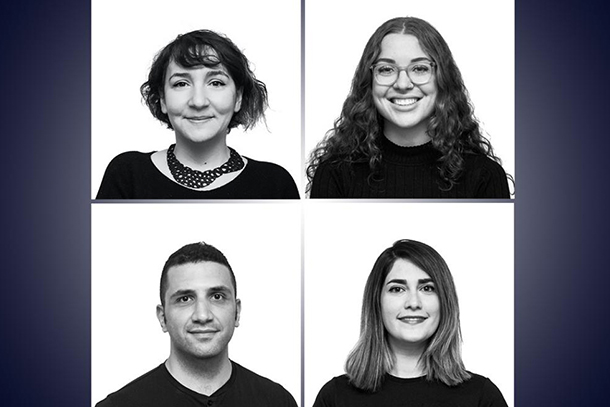 Four black-and-white head shots of adults