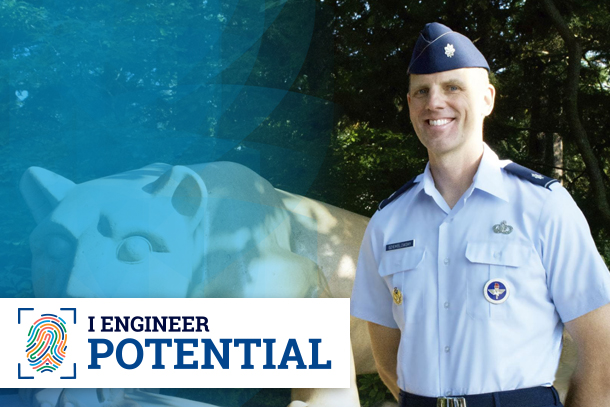 person in Air Force uniform with "I Engineer Potential" graphic overlay