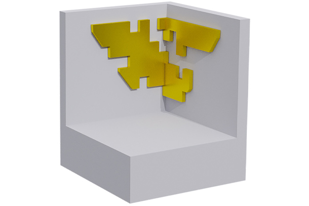 Cutaway illustration of a hollow, cube-shaped unit cell with an intricate grid pattern of gold printed on two inside walls. 