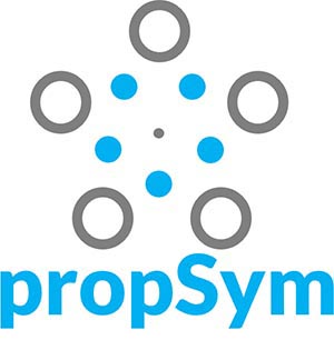  A logo featuring five gray circles surrounding five blue circles with a small gray circle in the center. The word propSym appears beneath the circles.