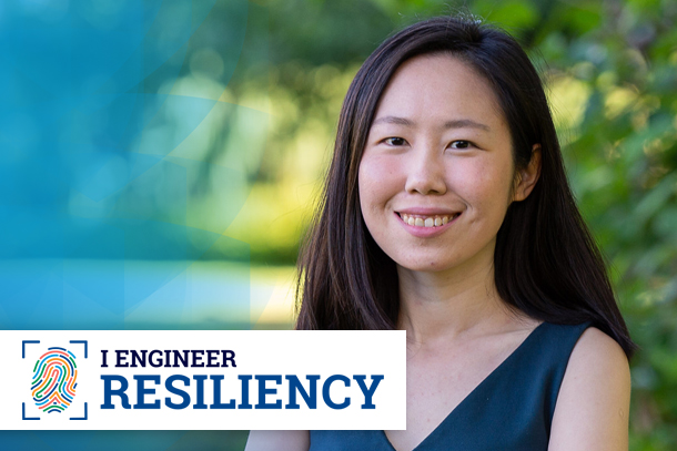 Person poses for photo in graphic that says "I Engineer Resiliency"