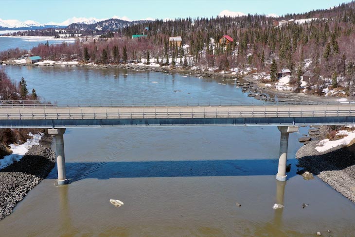 drone view of Wood River Bridge in Alaska