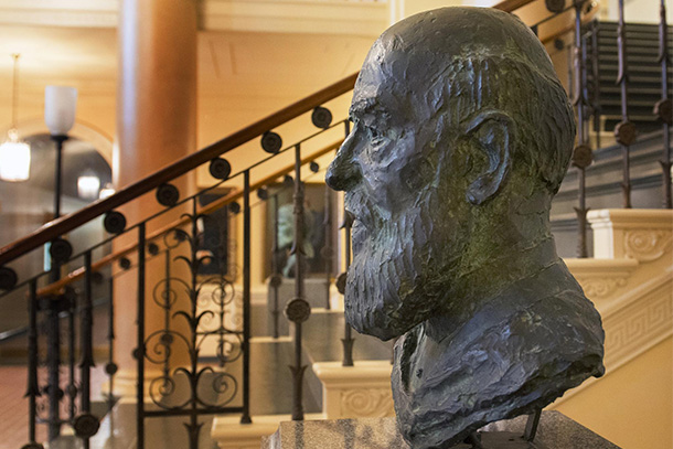 Bust of George Atherton in the Old Main lobby.