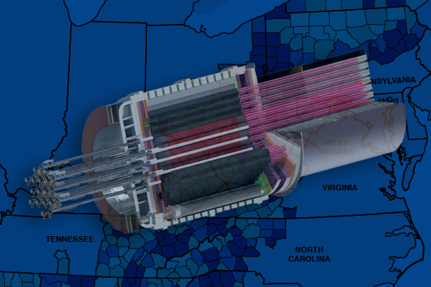 Illustration of micro reactor overlaying a map of the Midwest and Appalachia regions