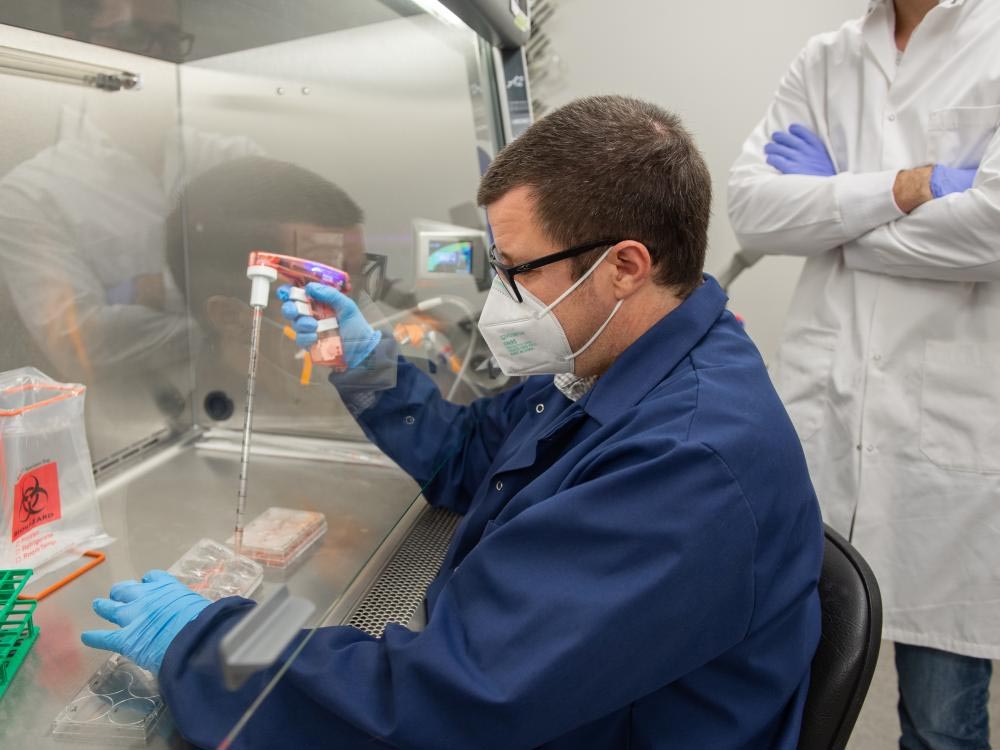 A man uses a pipette to transfer samples to a small tray