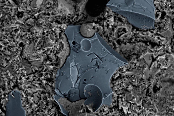 colorized microscopic image of lunar regolith simulant