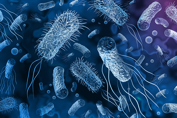 A blue and purple illustration of bacteria and antibiotics