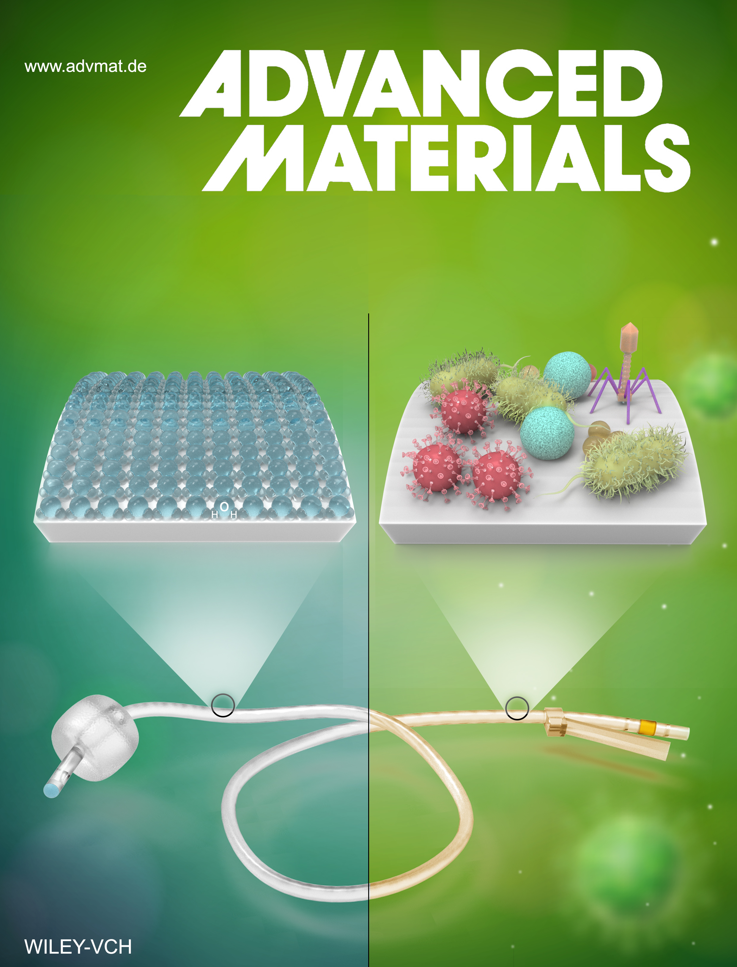 A green journal cover with the text "Advanced Materials" depicts a clean surface and a surface covered in a rendering of bacteria